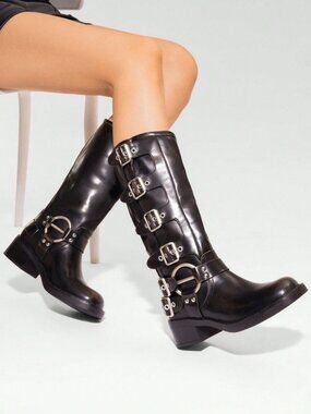 Sexy Women's Slip On Square Toe Chunky Heel Classic Metallic Buckles Motorcycle